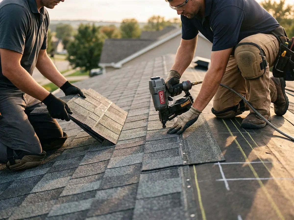 Professional roofer working on a residential roof in Flower Mound